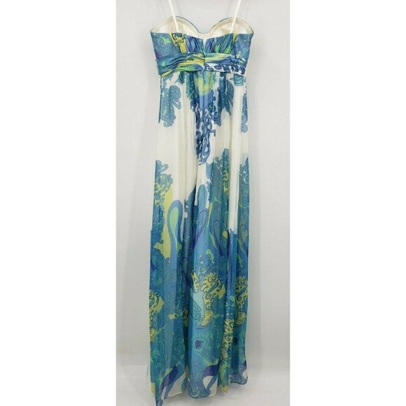 Cache Strapless Maxi Dress Womens 4 White Blue Paisley Silk Blend Built in Bra - Picture 3 of 5